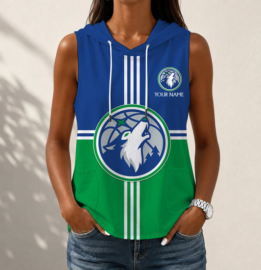 HOT DEAL - NEW CUSTOMIZED NBA05 MTW MINNESOTA TIMBERWOLVES WOMEN'S SLEEVELESS HOODED POCKET TANK TOP
