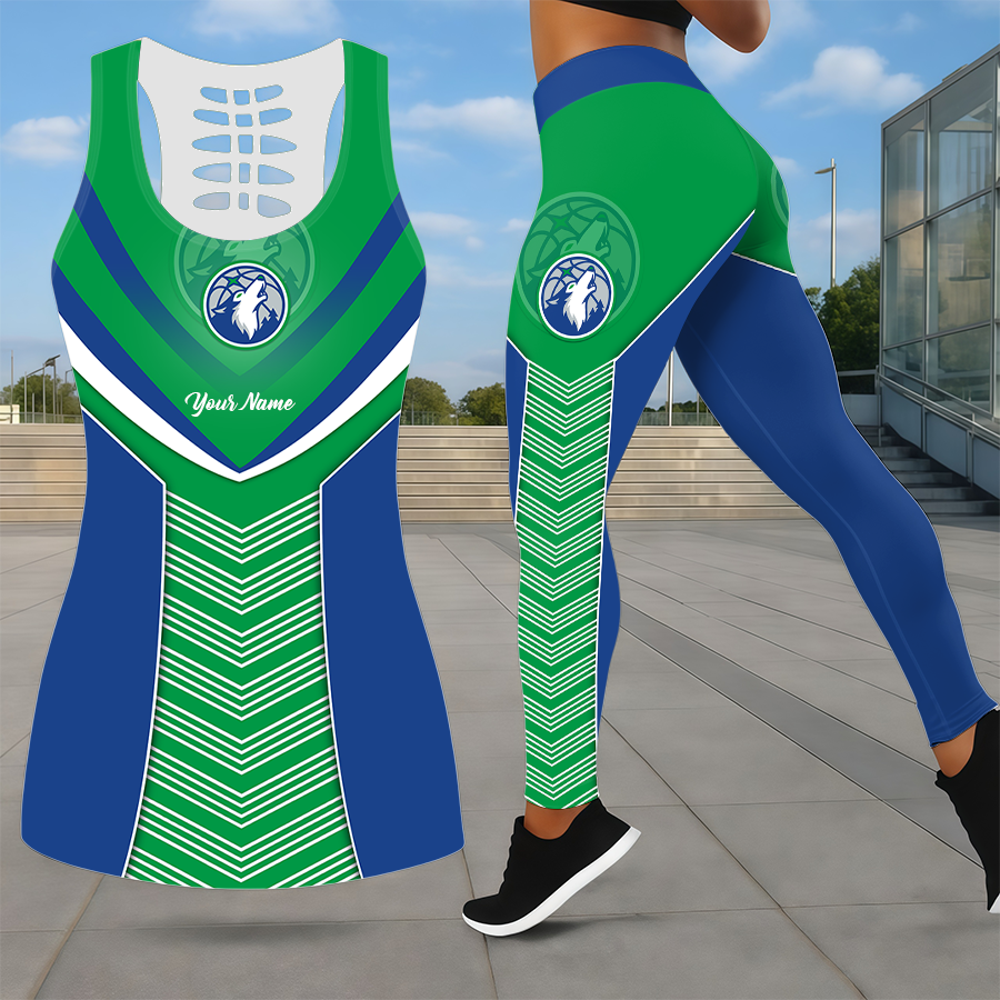 ELITE EDITION - NEW CUSTOMIZED NBA05 MTW MINNESOTA TIMBERWOLVES LEGGINGS & HOLLOW TANK TOP SET
