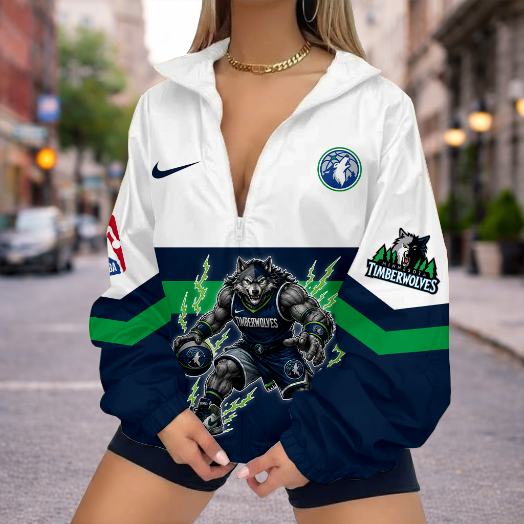 LIMITED EDITION - NEW CUSTOMIZED MTW MINNESOTA TIMBERWOLVES V-NECK ZIPPER SWEATSHIRT JACKET - NBA05