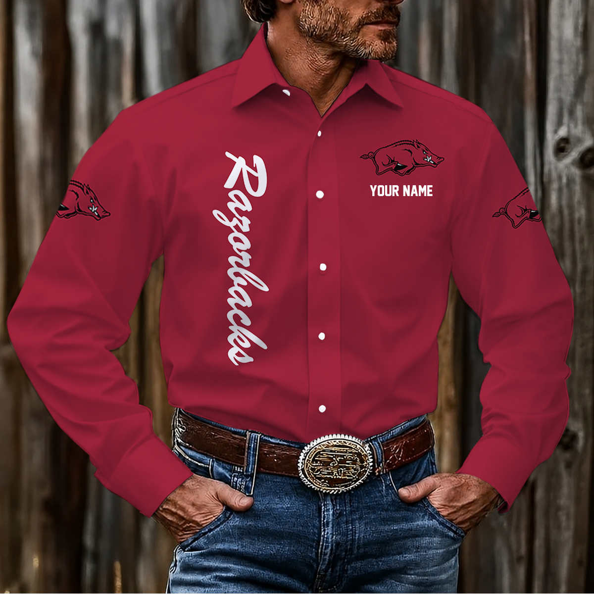 VIRAL EDITION - NEW CUSTOMIZED NCAA MAM06 AKR ARKANSAS RAZORBACKS MEN'S LONG SLEEVE BUTTON-UP SHIRT