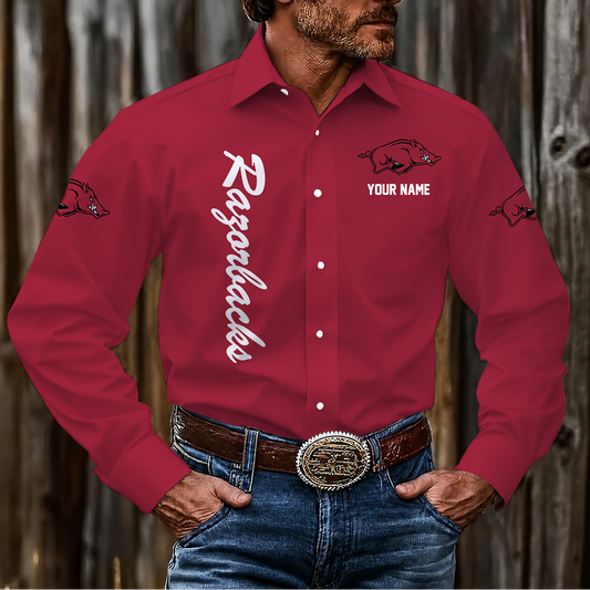 VIRAL EDITION - NEW CUSTOMIZED NCAA MAM06 AKR ARKANSAS RAZORBACKS MEN'S LONG SLEEVE BUTTON-UP SHIRT