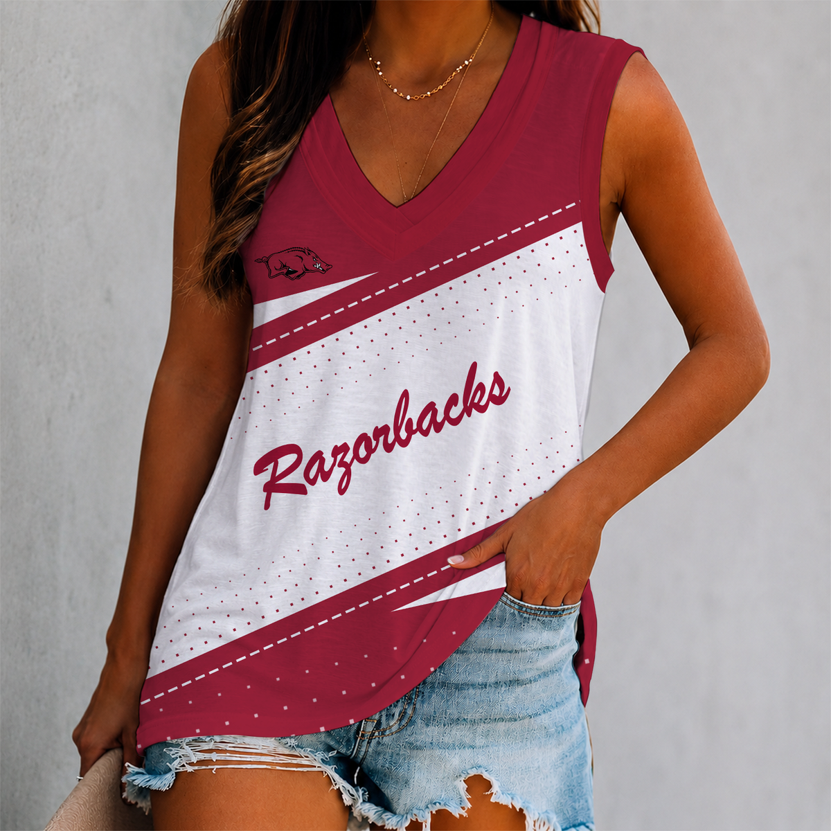 EXCLUSIVE EDITION - NEW CUSTOMIZED NCAA MAM06 ARKANSAS RAZORBACKS WOMEN'S V-NECK TANK TOP