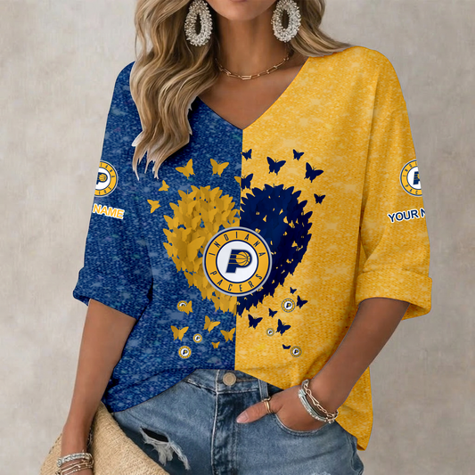 SPECIAL EDITION - NEW CUSTOMIZED IPA INDIANA PACERS WOMEN'S HEART V-NECK LONG SLEEVE SHIRT - NBA06