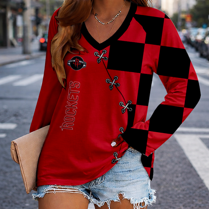 SPECIAL EDITION - NEW CUSTOMIZED HRO HOUSTON ROCKETS WOMEN'S V-NECK LONG SLEEVED SHIRT - NBA07