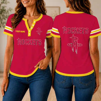 VIRAL EDITION - NEW CUSTOMIZED NBA07 HRO HOUSTON ROCKETS  WOMEN'S SHORT SLEEVE HENLEY T-SHIRT