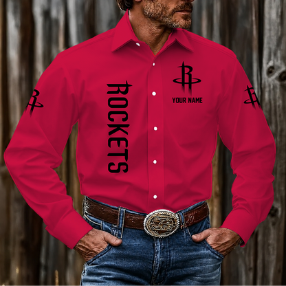 HOT DEAL - NEW CUSTOMIZED NBA07 HRO HOUSTON ROCKETS MEN'S LONG SLEEVE BUTTON-UP SHIRT