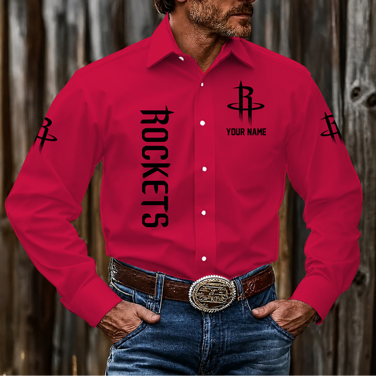 HOT DEAL - NEW CUSTOMIZED NBA07 HRO HOUSTON ROCKETS MEN'S LONG SLEEVE BUTTON-UP SHIRT