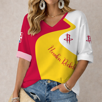EXCLUSIVE EDITION - NEW CUSTOMIZED NBA07 HRO HOUSTON ROCKETS WOMEN'S V-NECK LONG SLEEVE SHIRT