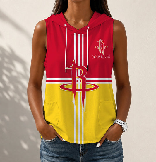 HOT DEAL - NEW CUSTOMIZED NBA07 HRO HOUSTON ROCKETS WOMEN'S SLEEVELESS HOODED POCKET TANK TOP