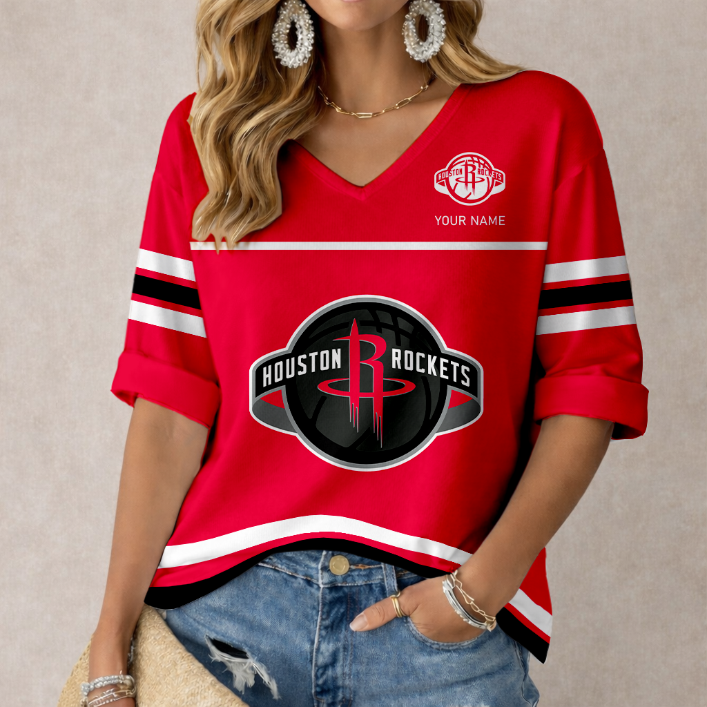 ELITE EDITION - NEW CUSTOMIZED HRO HOUSTON ROCKETS WOMEN'S HEART V-NECK LONG SLEEVE SHIRT - NBA07