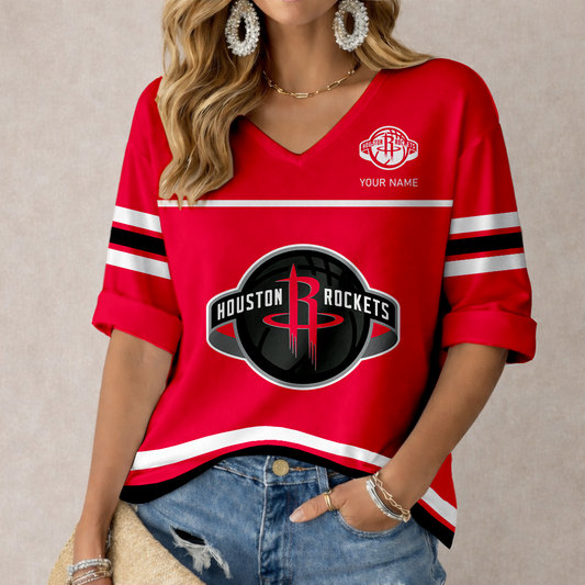 ELITE EDITION - NEW CUSTOMIZED HRO HOUSTON ROCKETS WOMEN'S HEART V-NECK LONG SLEEVE SHIRT - NBA07