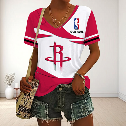 EXCLUSIVE EDITION - NEW CUSTOMIZED NBA07 HRO HOUSTON ROCKETS V-NECK FEMALE SHIRT