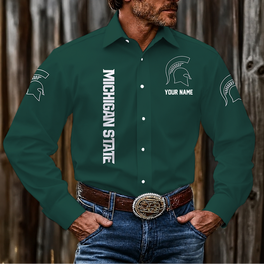VIRAL EDITION - NEW CUSTOMIZED NCAA MAM07 MSS MICHIGAN STATE SPARTANS MEN'S LONG SLEEVE BUTTON-UP SHIRT