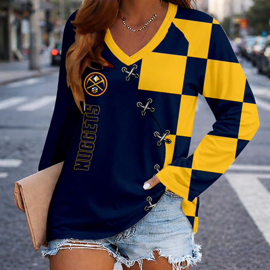 SPECIAL EDITION - NEW CUSTOMIZED DNU DENVER NUGGETS WOMEN'S V-NECK LONG SLEEVED SHIRT - NBA08