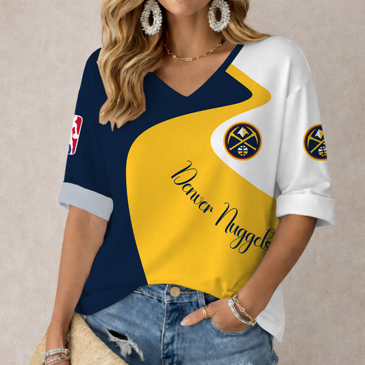 EXCLUSIVE EDITION - NEW CUSTOMIZED NBA08 DNU DENVER NUGGETS WOMEN'S V-NECK LONG SLEEVE SHIRT