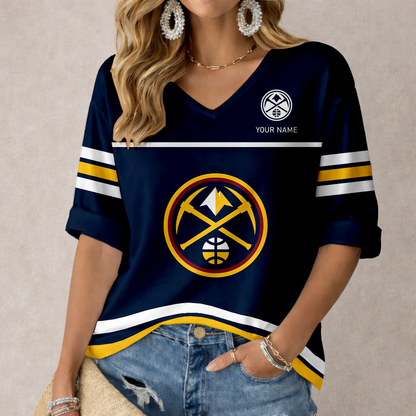 ELITE EDITION - NEW CUSTOMIZED DNU DENVER NUGGETS WOMEN'S HEART V-NECK LONG SLEEVE SHIRT - NBA08