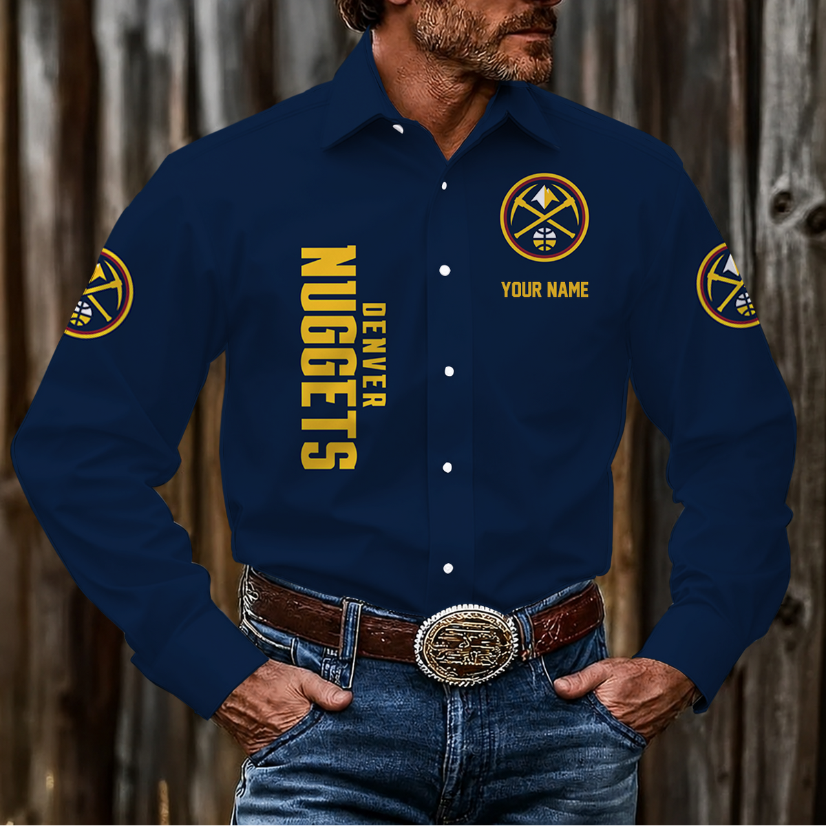 HOT DEAL - NEW CUSTOMIZED NBA08 DNU DENVER NUGGETS MEN'S LONG SLEEVE BUTTON-UP SHIRT