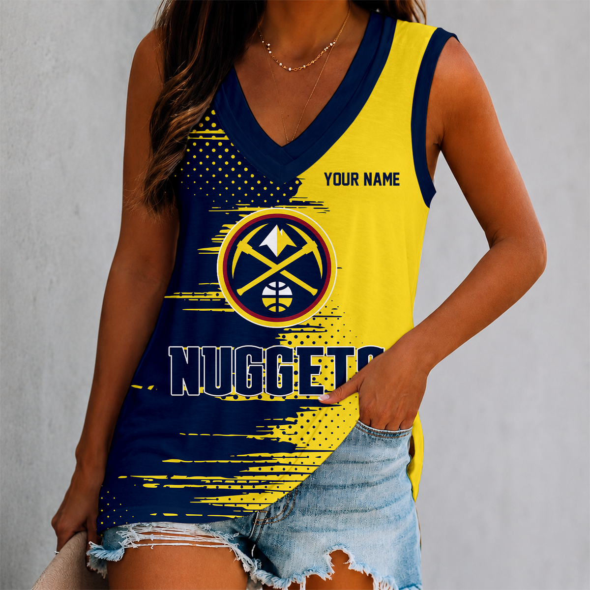 LIMITED EDITION - NEW CUSTOMIZED NBA08 DNU DENVER NUGGETS WOMEN'S V-NECK TANK TOP