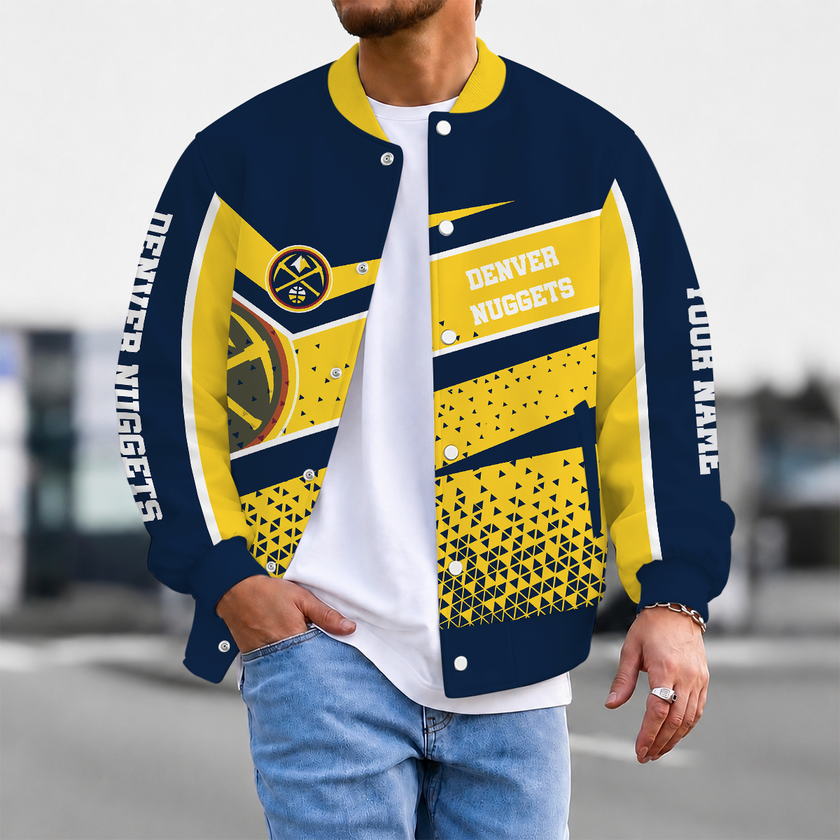 EXCLUSIVE EDITION - NEW CUSTOMIZED NBA08 DNU DENVER NUGGETS BASEBALL JACKET, SATIN VARSITY JACKET