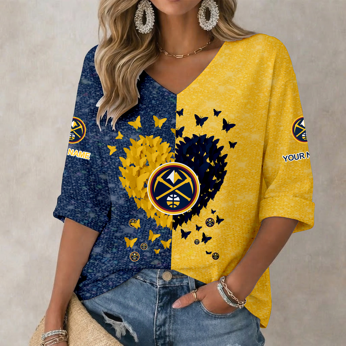 SPECIAL EDITION - NEW CUSTOMIZED DNU DENVER NUGGETS WOMEN'S HEART V-NECK LONG SLEEVE SHIRT - NBA08