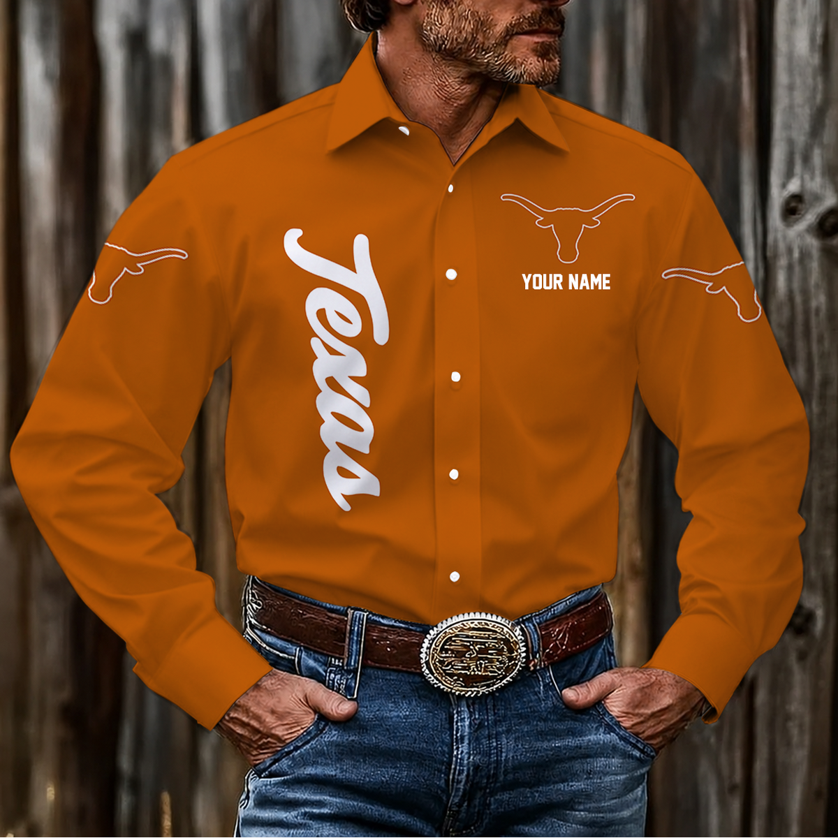 VIRAL EDITION - NEW CUSTOMIZED NCAA MAM08 TXL TEXAS LONGHORNS MEN'S LONG SLEEVE BUTTON-UP SHIRT