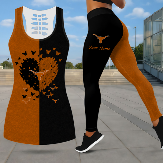 MEGA SALE - NEW CUSTOMIZED NCAA MAM08 TXL TEXAS LONGHORNS LEGGINGS & HOLLOW TANK TOP SET