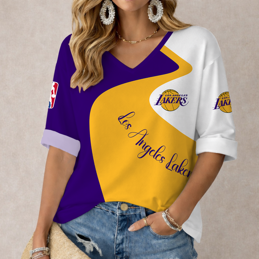 EXCLUSIVE EDITION - NEW CUSTOMIZED NBA09 LLA LOS ANGELES LAKERS WOMEN'S V-NECK LONG SLEEVE SHIRT