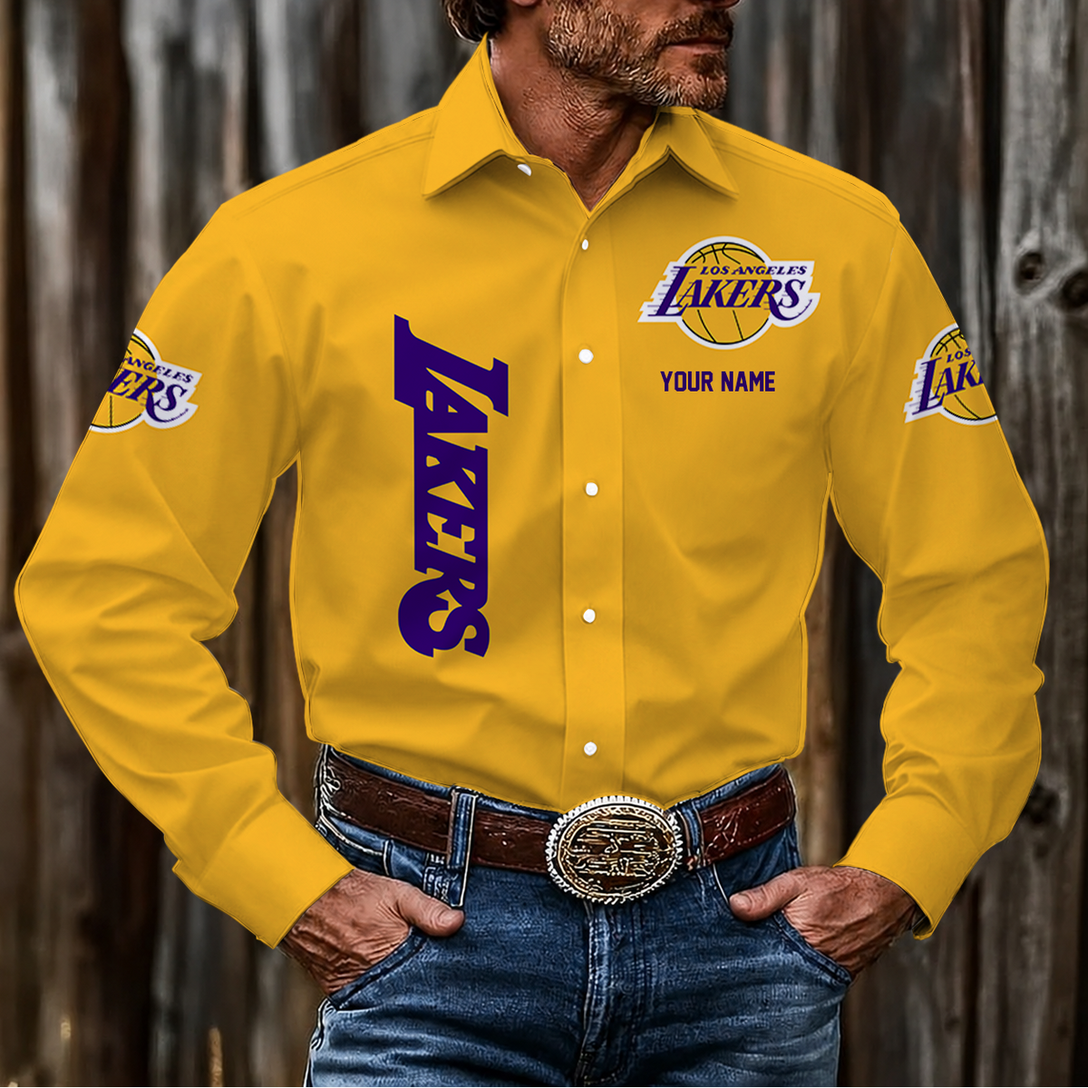 HOT DEAL - NEW CUSTOMIZED NBA09 LLA LOS ANGELES LAKERS MEN'S LONG SLEEVE BUTTON-UP SHIRT