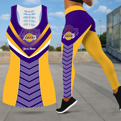ELITE EDITION - NEW CUSTOMIZED NBA09 LLA LOS ANGELES LAKERS LEGGINGS & HOLLOW TANK TOP SET