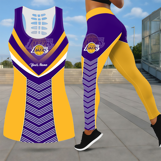 ELITE EDITION - NEW CUSTOMIZED NBA09 LLA LOS ANGELES LAKERS LEGGINGS & HOLLOW TANK TOP SET