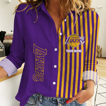 HOT DEAL - NEW CUSTOMIZED LLA LOS ANGELES LAKERS WOMEN CASUAL SHIRT - NBA09