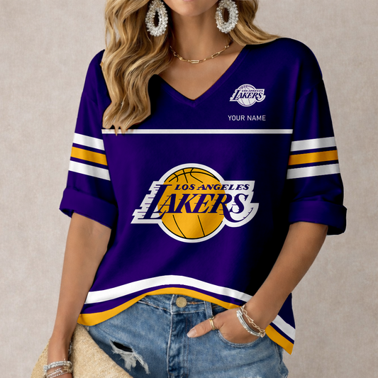 ELITE EDITION - NEW CUSTOMIZED LLA LOS ANGELES LAKERS WOMEN'S HEART V-NECK LONG SLEEVE SHIRT - NBA09