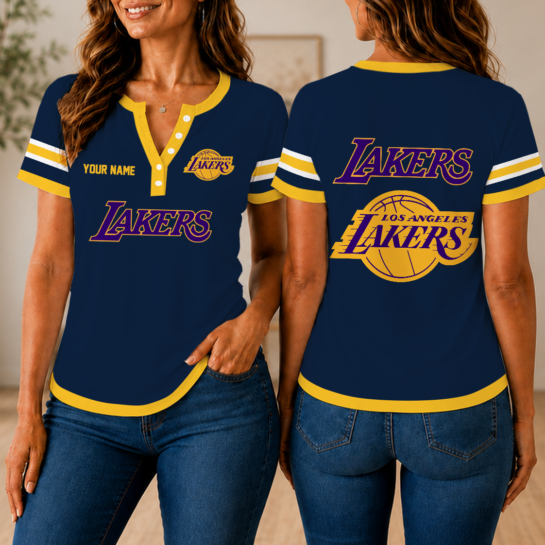 VIRAL EDITION - NEW CUSTOMIZED NBA09 LLA LOS ANGELES LAKERS  WOMEN'S SHORT SLEEVE HENLEY T-SHIRT