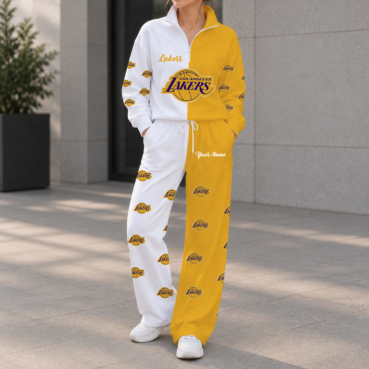 EXCLUSIVE EDITION - NEW CUSTOMIZED NBA09 LLA LOS ANGELES LAKERS ZIPPER SWEATSHIRT & WIDE LEG PANTS SET