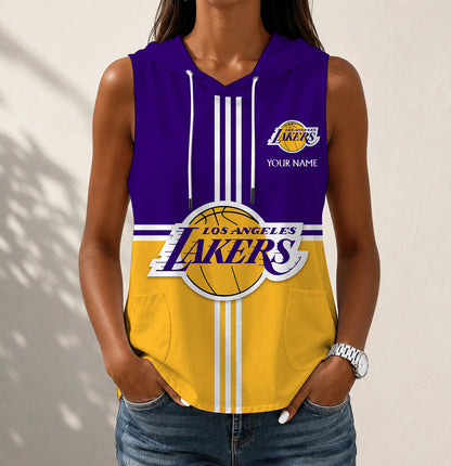 HOT DEAL - NEW CUSTOMIZED NBA09 LLA LOS ANGELES LAKERS WOMEN'S SLEEVELESS HOODED POCKET TANK TOP