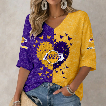 SPECIAL EDITION - NEW CUSTOMIZED LLA LOS ANGELES LAKERS WOMEN'S HEART V-NECK LONG SLEEVE SHIRT - NBA09