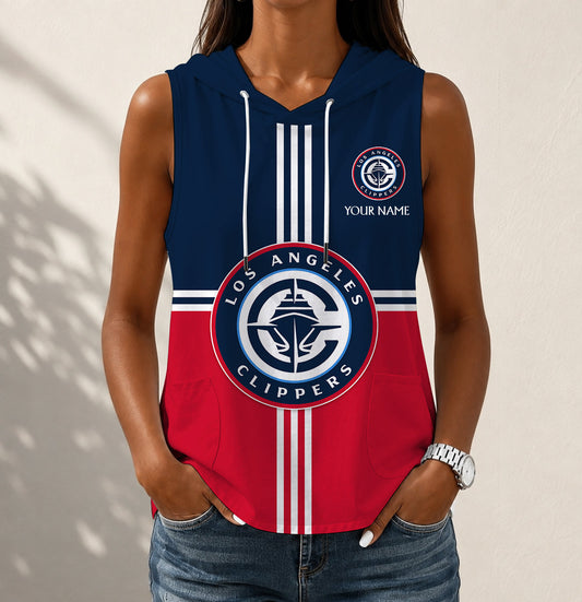 HOT DEAL - NEW CUSTOMIZED NBA10 LCL LOS ANGELES CLIPPERS WOMEN'S SLEEVELESS HOODED POCKET TANK TOP