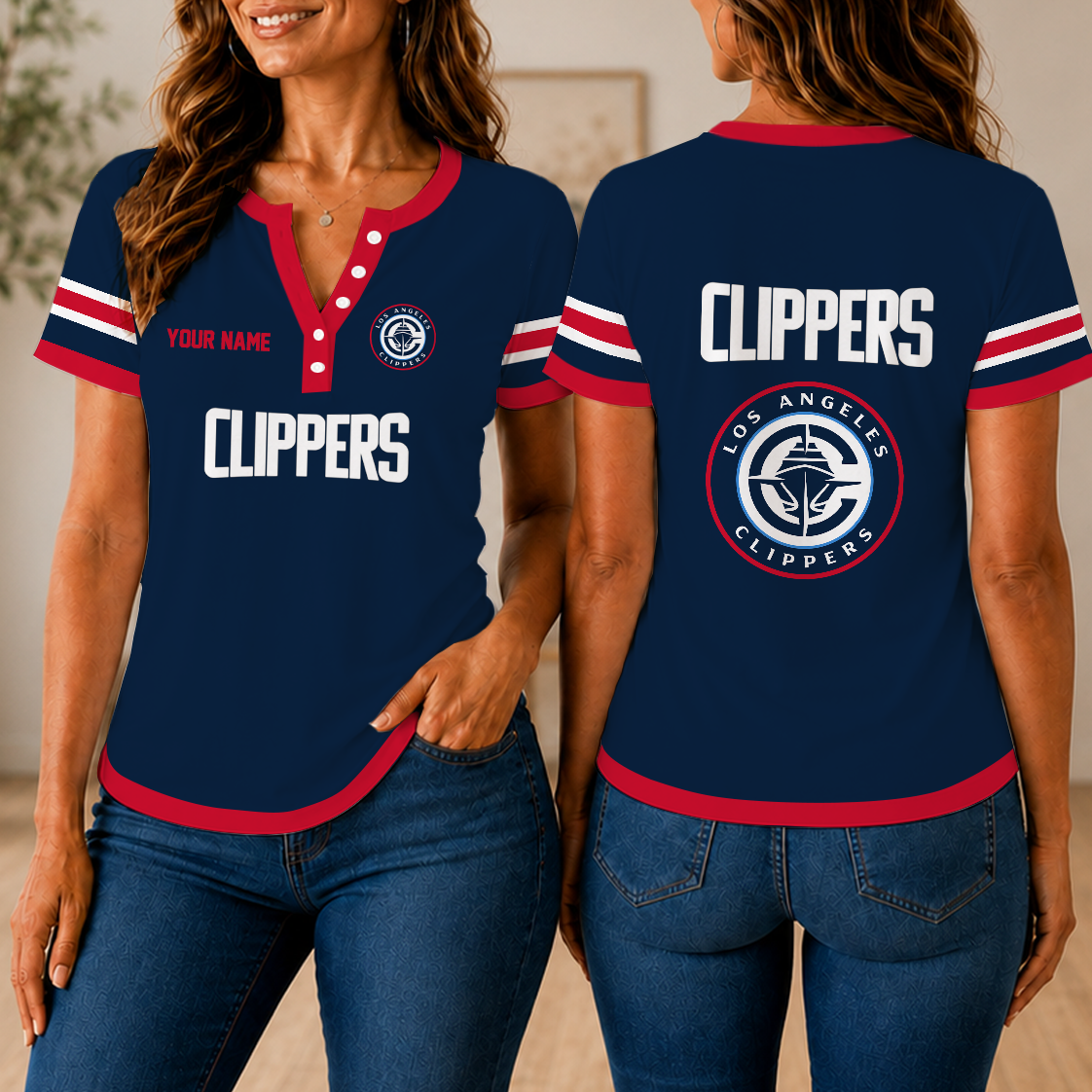 VIRAL EDITION - NEW CUSTOMIZED NBA10 LCL LOS ANGELES CLIPPERS  WOMEN'S SHORT SLEEVE HENLEY T-SHIRT