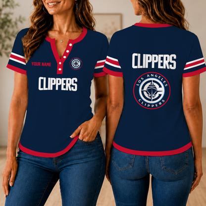 VIRAL EDITION - NEW CUSTOMIZED NBA10 LCL LOS ANGELES CLIPPERS  WOMEN'S SHORT SLEEVE HENLEY T-SHIRT