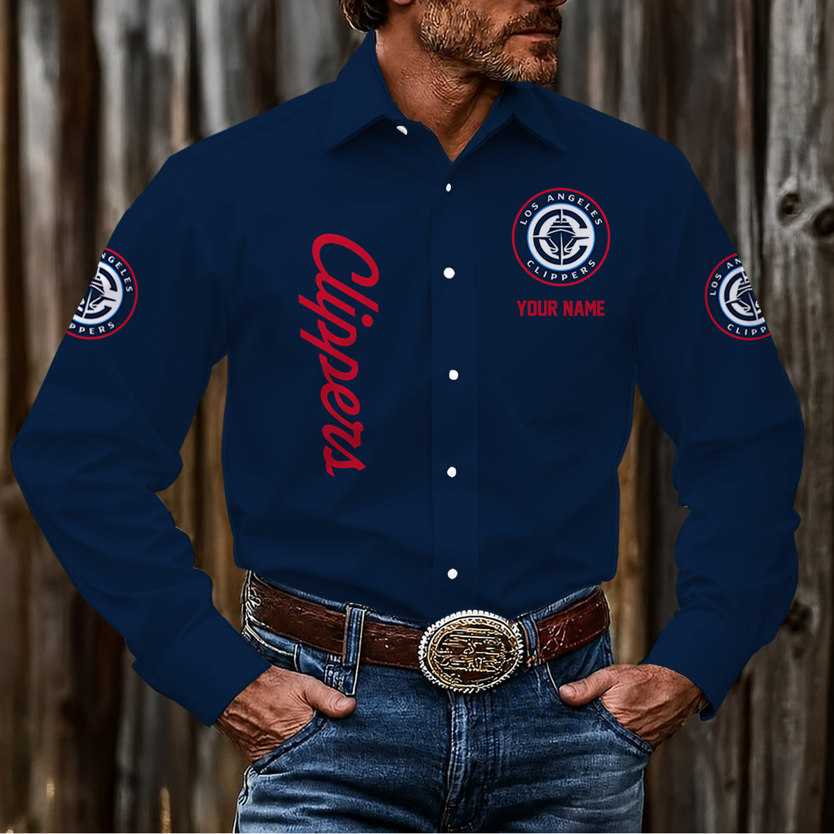 HOT DEAL - NEW CUSTOMIZED NBA10 LCL LOS ANGELES CLIPPERS MEN'S LONG SLEEVE BUTTON-UP SHIRT