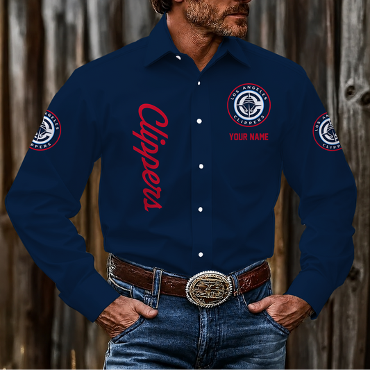 HOT DEAL - NEW CUSTOMIZED NBA10 LCL LOS ANGELES CLIPPERS MEN'S LONG SLEEVE BUTTON-UP SHIRT