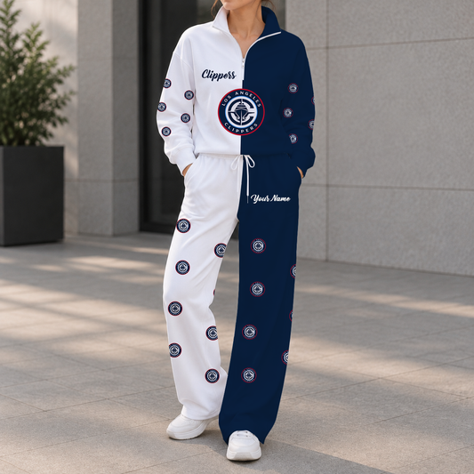EXCLUSIVE EDITION - NEW CUSTOMIZED NBA10 LCL LOS ANGELES CLIPPERS ZIPPER SWEATSHIRT & WIDE LEG PANTS SET
