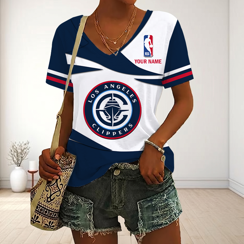 EXCLUSIVE EDITION - NEW CUSTOMIZED NBA10 LCL LOS ANGELES CLIPPERS V-NECK FEMALE SHIRT