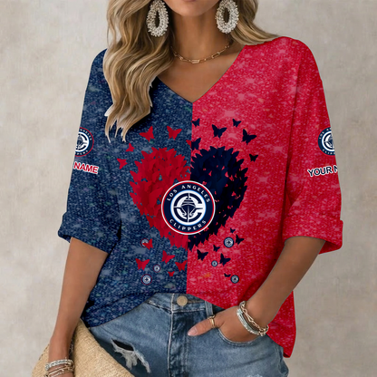 SPECIAL EDITION - NEW CUSTOMIZED LCL LOS ANGELES CLIPPERS WOMEN'S HEART V-NECK LONG SLEEVE SHIRT - NBA10