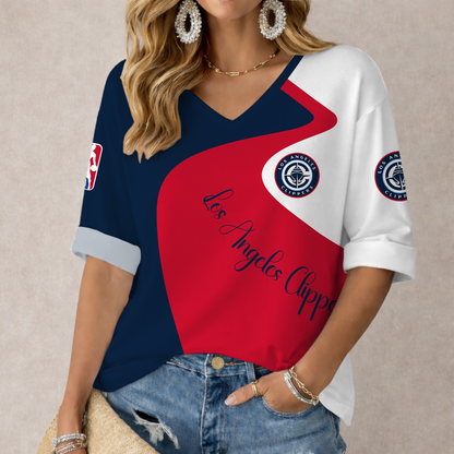 EXCLUSIVE EDITION - NEW CUSTOMIZED NBA10 LCL LOS ANGELES CLIPPERS WOMEN'S V-NECK LONG SLEEVE SHIRT