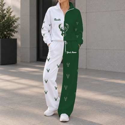 EXCLUSIVE EDITION - NEW CUSTOMIZED NBA11 MBU MILWAUKEE BUCKS ZIPPER SWEATSHIRT & WIDE LEG PANTS SET