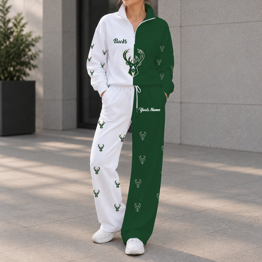 EXCLUSIVE EDITION - NEW CUSTOMIZED NBA11 MBU MILWAUKEE BUCKS ZIPPER SWEATSHIRT & WIDE LEG PANTS SET