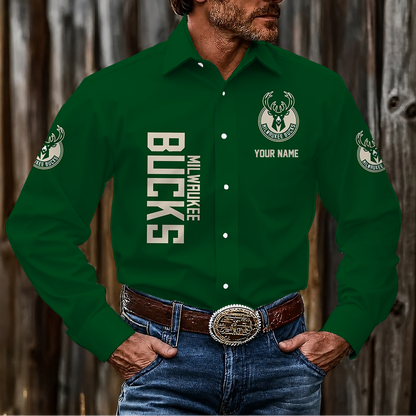 HOT DEAL - NEW CUSTOMIZED NBA11 MBU MILWAUKEE BUCKS MEN'S LONG SLEEVE BUTTON-UP SHIRT