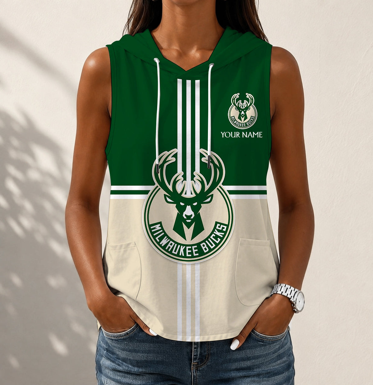 HOT DEAL - NEW CUSTOMIZED NBA11 MBU MILWAUKEE BUCKS WOMEN'S SLEEVELESS HOODED POCKET TANK TOP