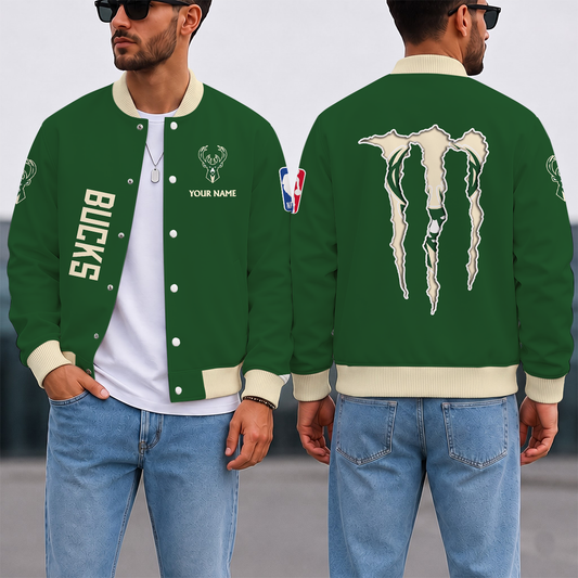 SPECIAL EDITION - NEW CUSTOMIZED NBA11 MBU MILWAUKEE BUCKS BASEBALL JACKET, SATIN VARSITY JACKET